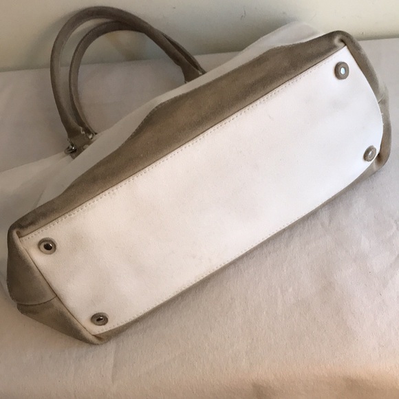 Banana Republic tote Coastal Grandma white canvas tan suede top handle beach bag - Picture 8 of 11